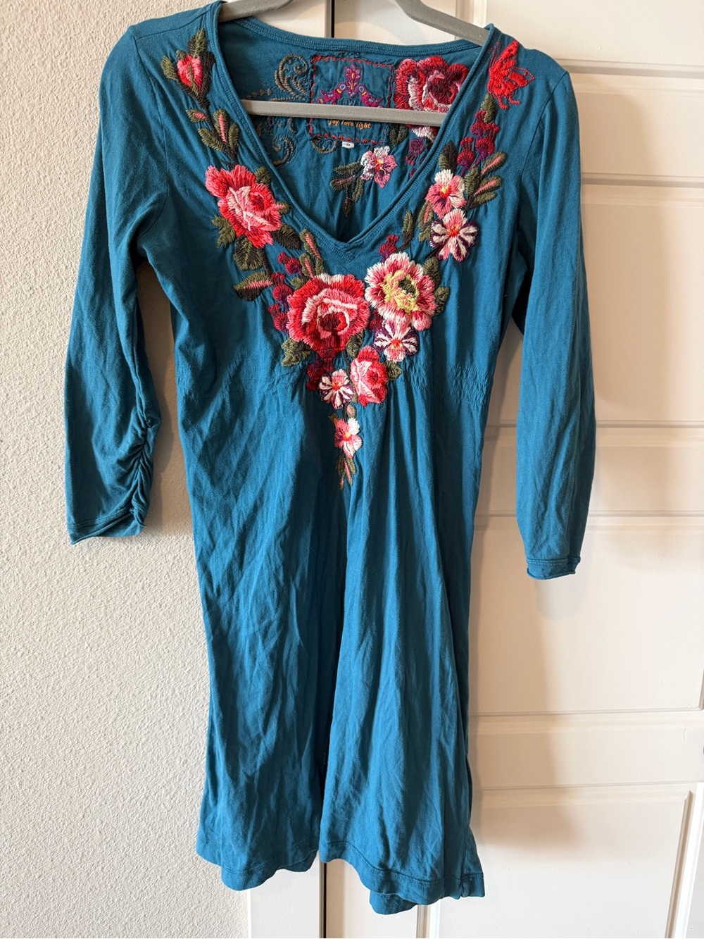 Johnny Was Embroidered Floral Teal Dress Vneck Aline Boho size Small
